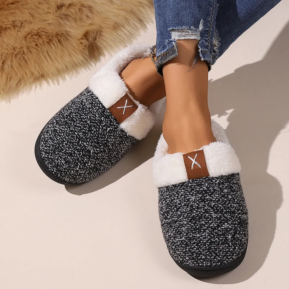 Winter plush slippers with thick bottom and round toe in burgundy, black, and light gray