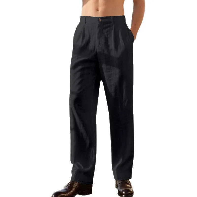 Straight leg linen blend trousers in dark gray on a model, mid-waist, zip placket, loose fit daily wear
