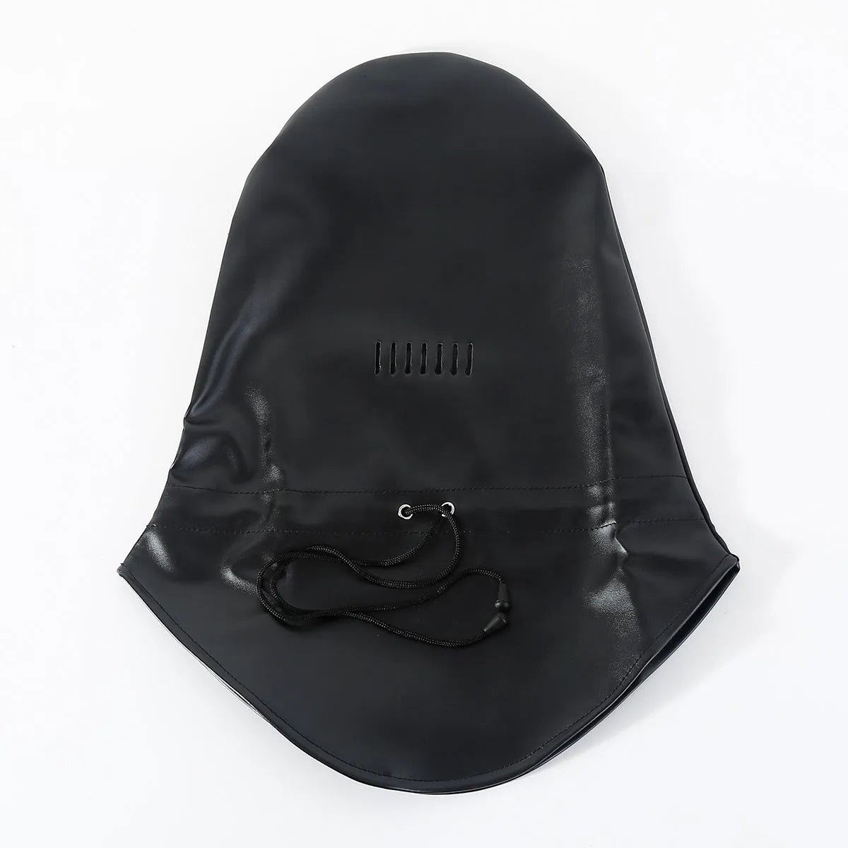 Black PU leather bondage mask with adjustable straps and ventilation holes for breathable training use
