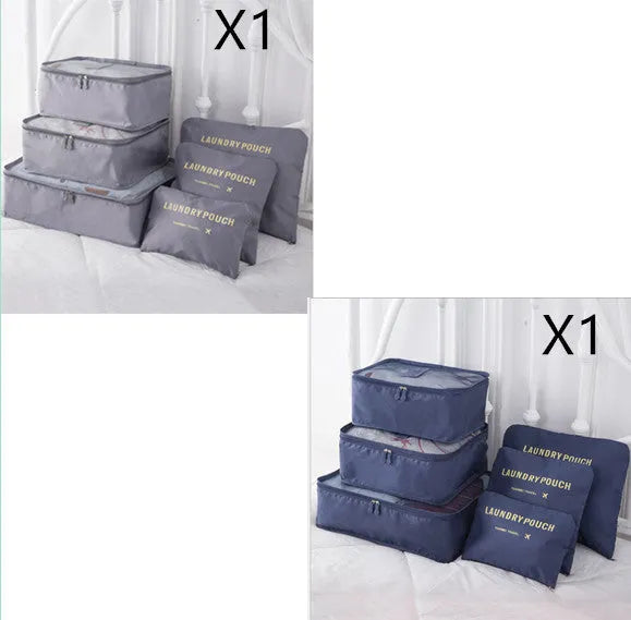 6 piece polyester travel storage bag set in hand bag type shape for clothes and cosmetic organisation, various colour options