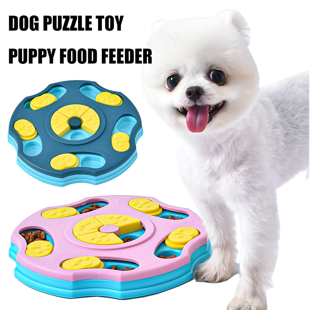Blue and pink dog puzzle feeder toy for aggressive chewers, a food-searching interactive game.
