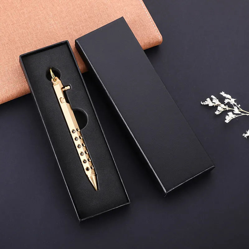 Brass hexagonal retro bolt pen with a 0.5mm tip shown next to a refill.