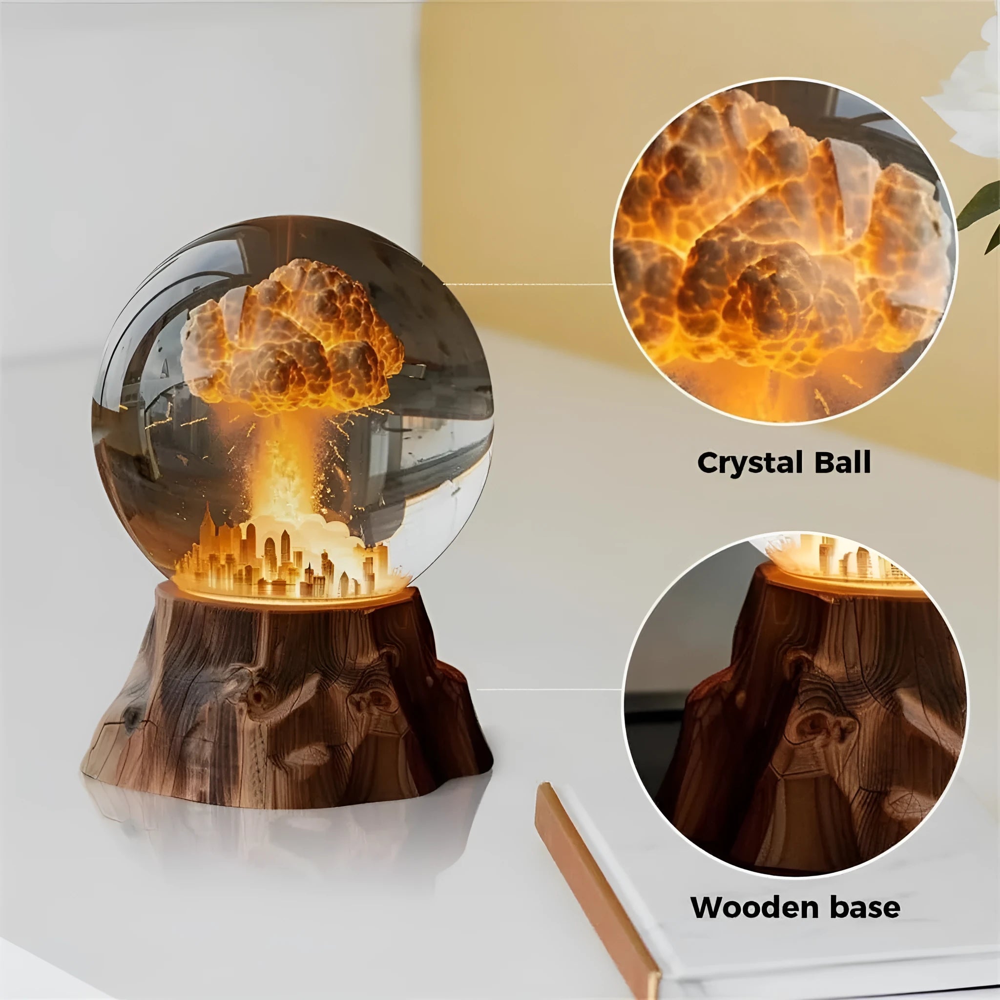 Close-up of a 3D atomic bomb explosion lamp in resin with hand-painted details, showing a mushroom cloud shape on a desk