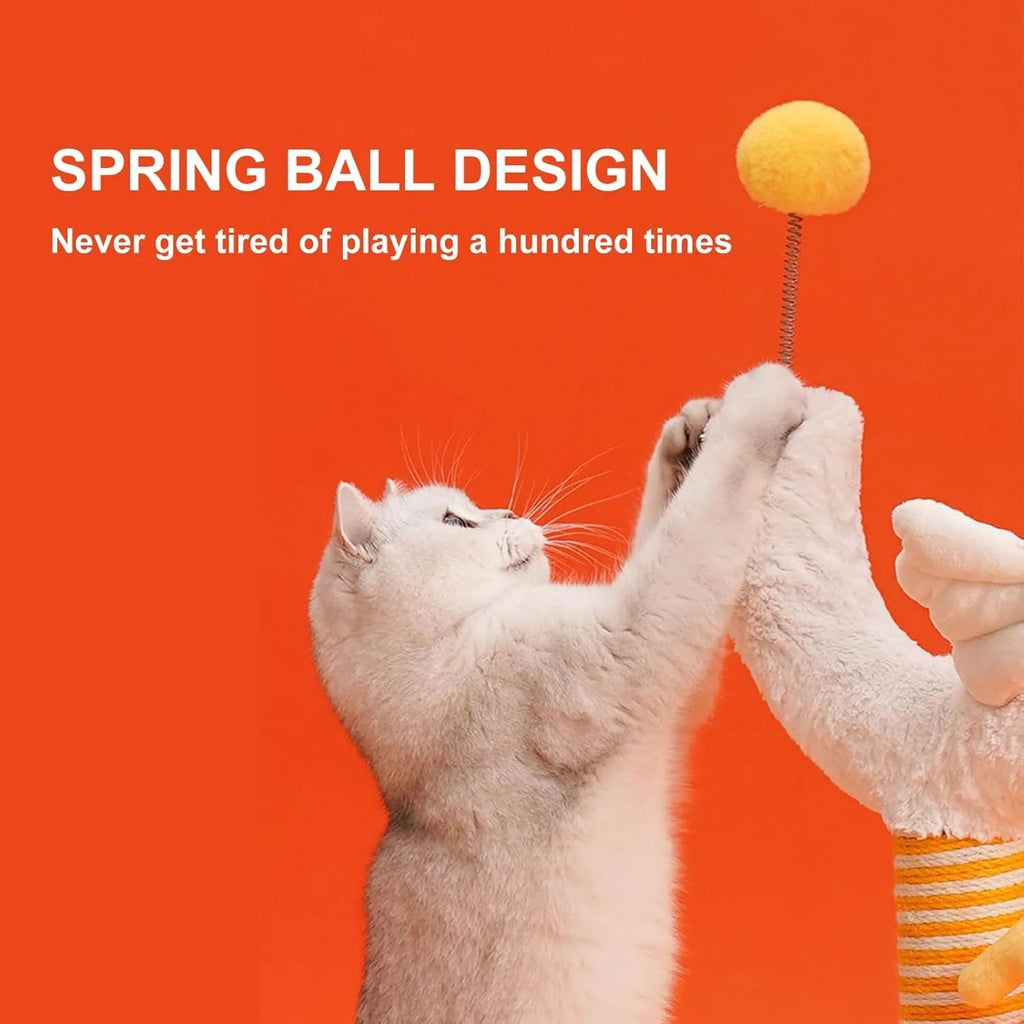 Yellow vertical cat scratching post with sisal rope and spring ball top, measuring 88cm tall.