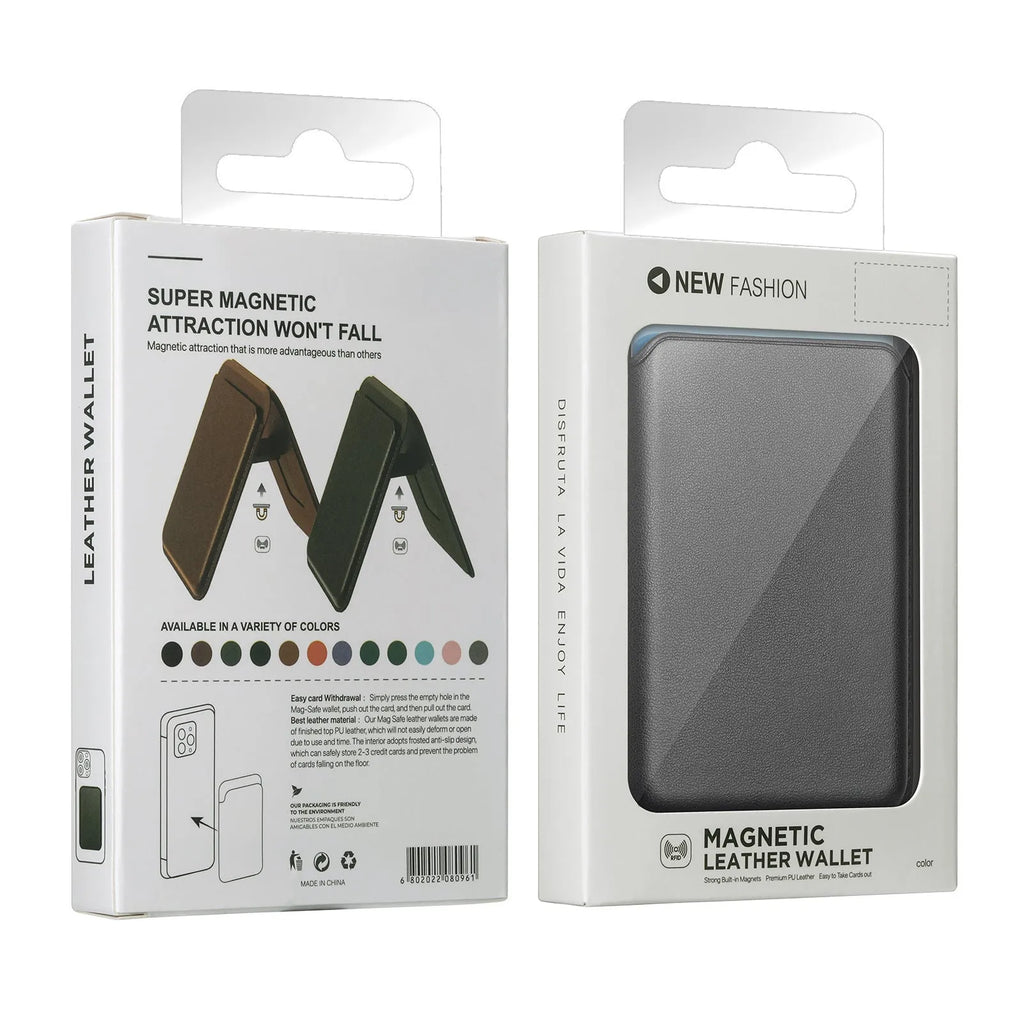 Magsafe magnetic card holder in dark blue with folding bracket stand on phone, imitation leather surface, 9.3x6.3cm