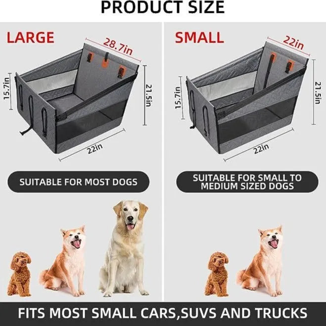 Grey water resistant raised dog bed measuring 56 by 56 by 40 centimetres.