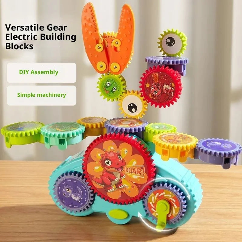 Electric building blocks changeable gear toy in dinosaur theme with plastic blocks and portable gift box
