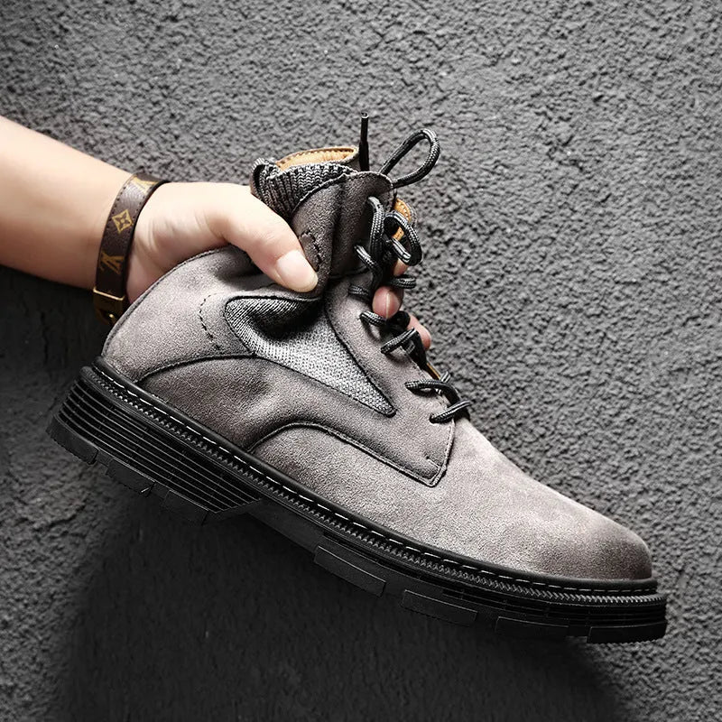 Men's vintage Martin boots in black with frosted microfiber leather upper and round toe.