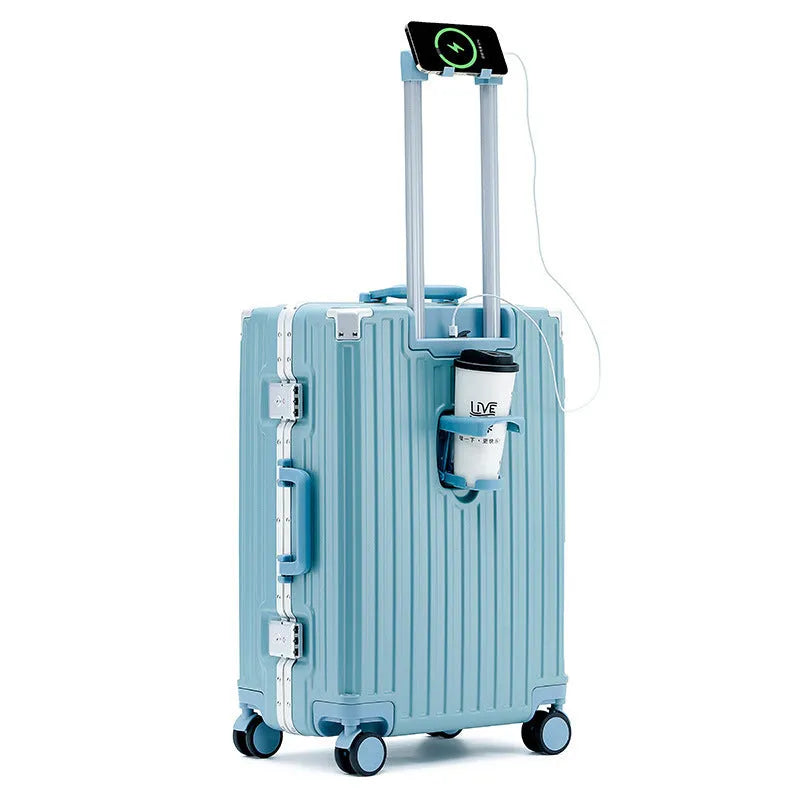 Aluminium frame trolley suitcase in avocado green with wheels and a USB port.