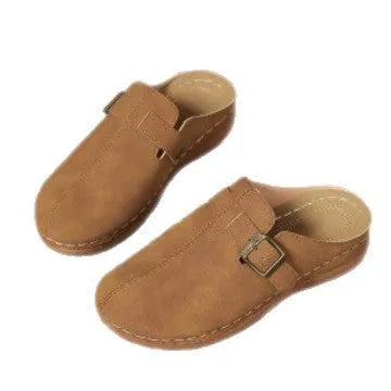 Women's casual wedge slippers in light brown with cloth upper and rubber sole