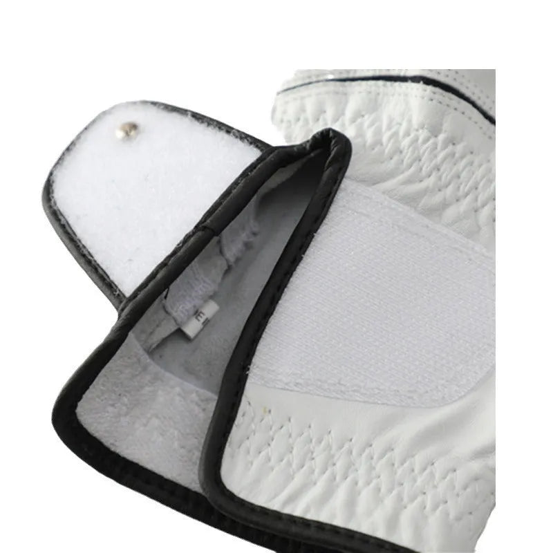 Men's white half sheepskin leather golf glove showing palm with non-slip grip.