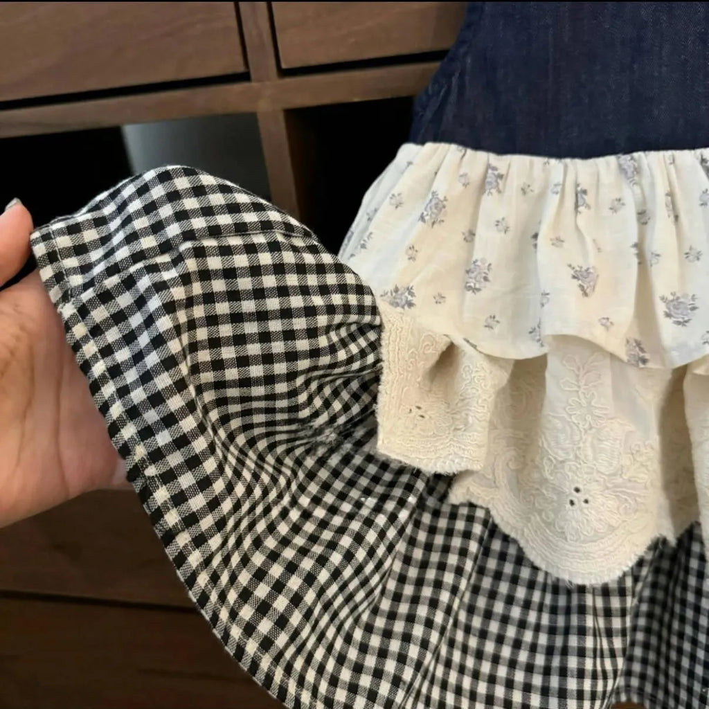 Sleeveless cotton denim skirt bandage cake dress for girls, solid colour with plaid stitching, available in 90-140 yards