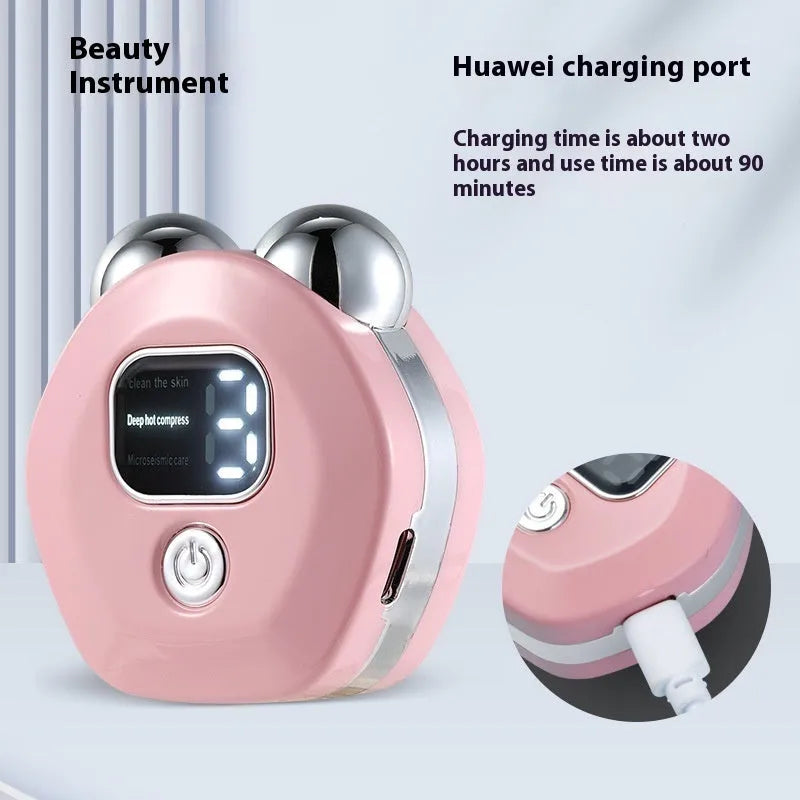Portable micro current double-roller facial massage instrument with hot compress function in light blue