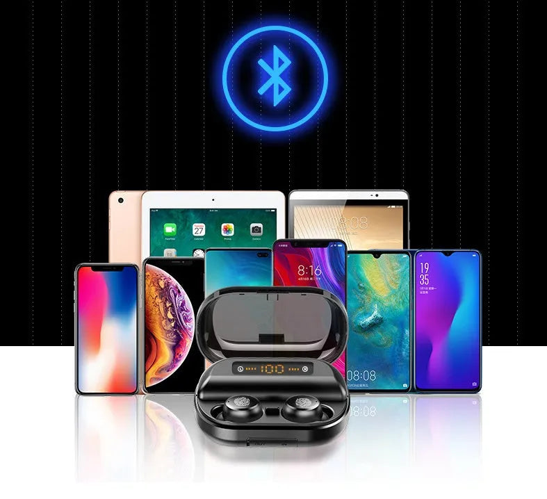 V11 Bluetooth true wireless earbuds in charging case with digital display, black and white options