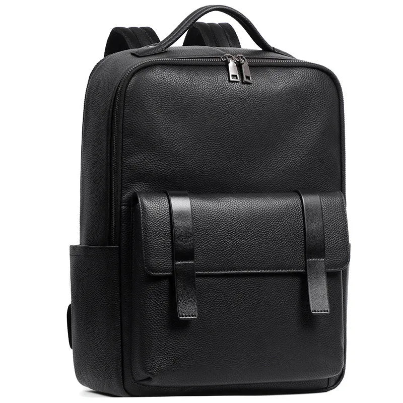 Men's black leather computer backpack showing front view with woven design elements