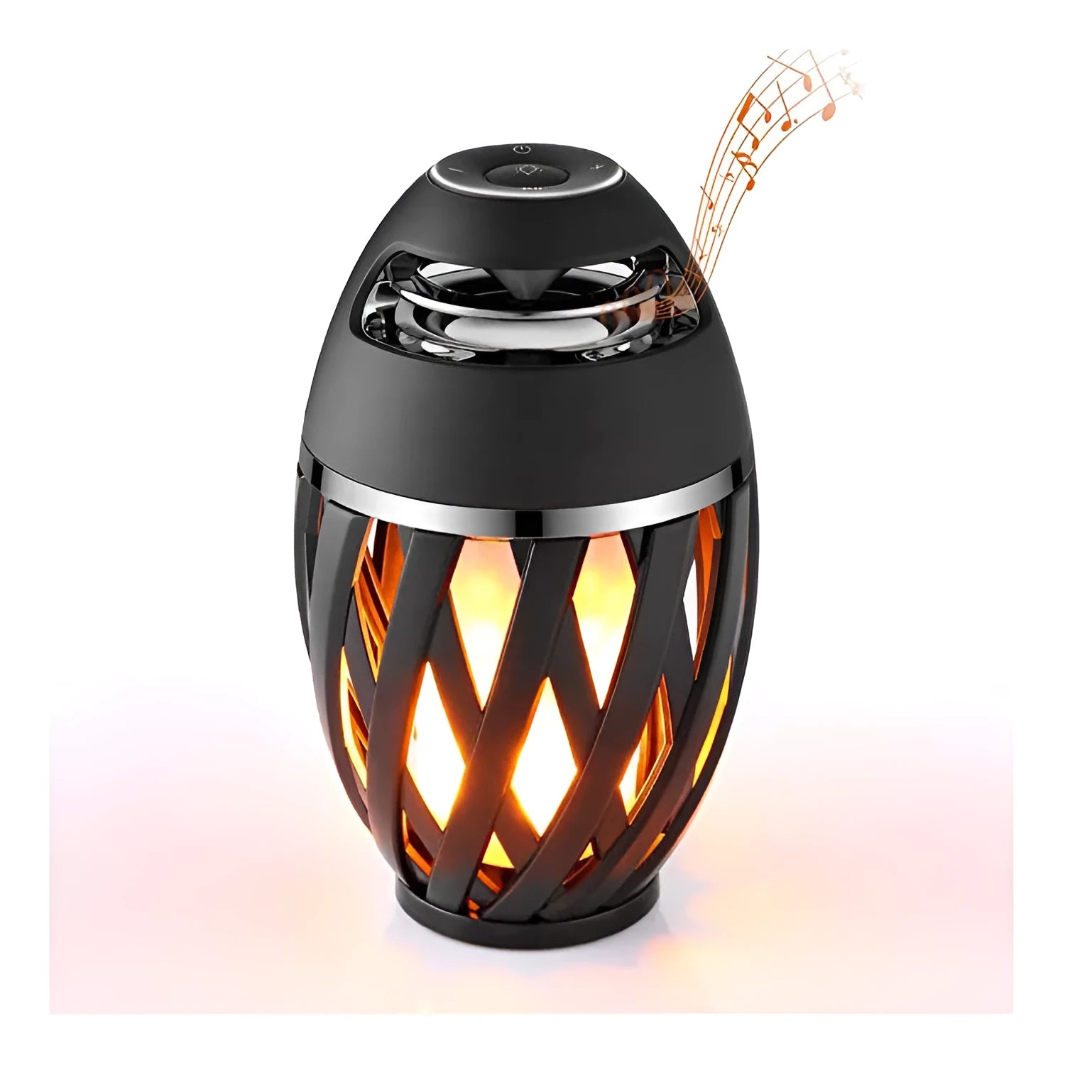 Black LED Flame Speaker with realistic flame light effect on a table