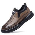 Men's black and brown casual leather shoes with round toe design shown from side view