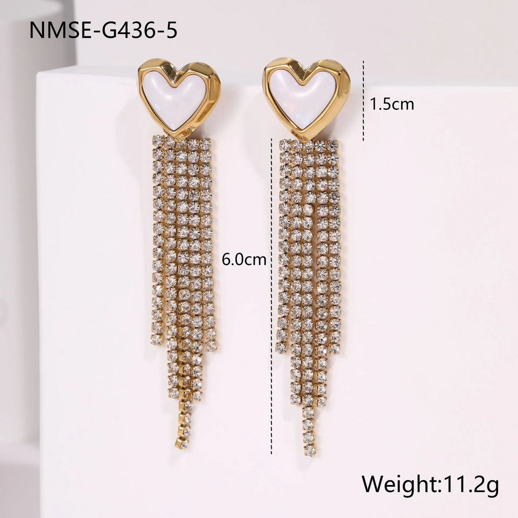 Women's stainless steel heart earrings with diamond tassel and 18K gold electroplated finish