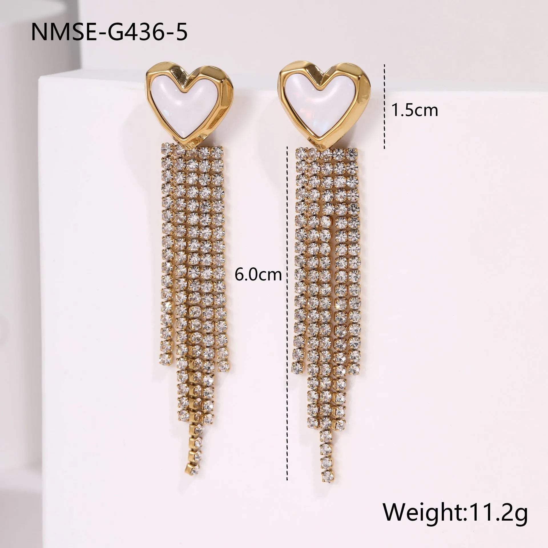 Women's stainless steel heart earrings with diamond tassel and 18K gold electroplated finish