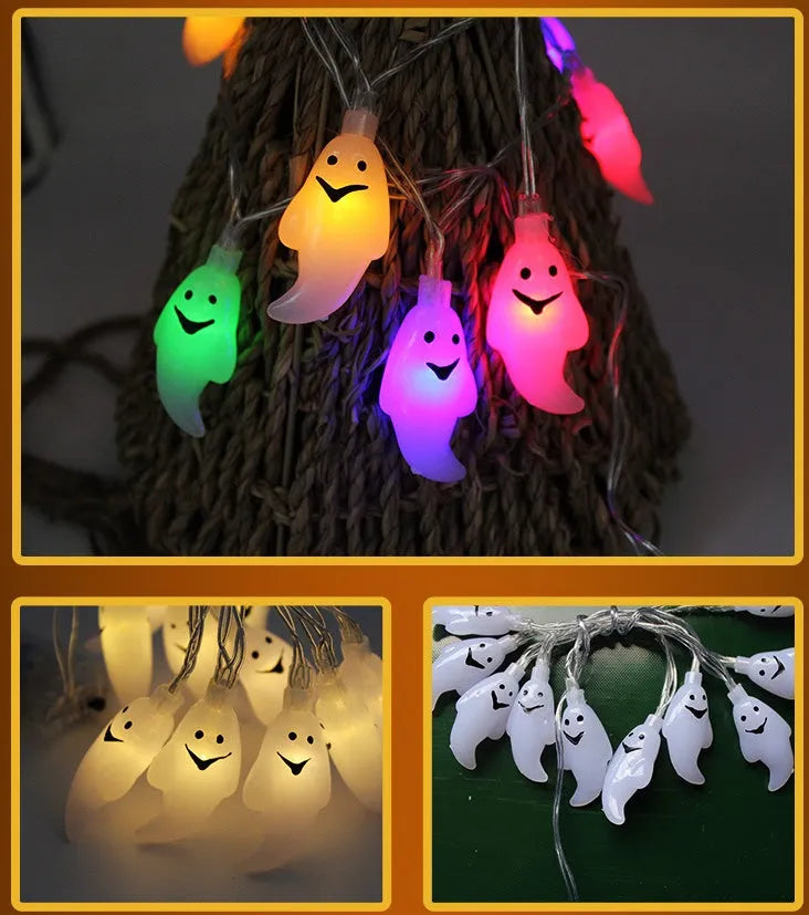 Halloween string lights with pumpkin, bat and ghost decorations in white, warm white or multicolour LED options