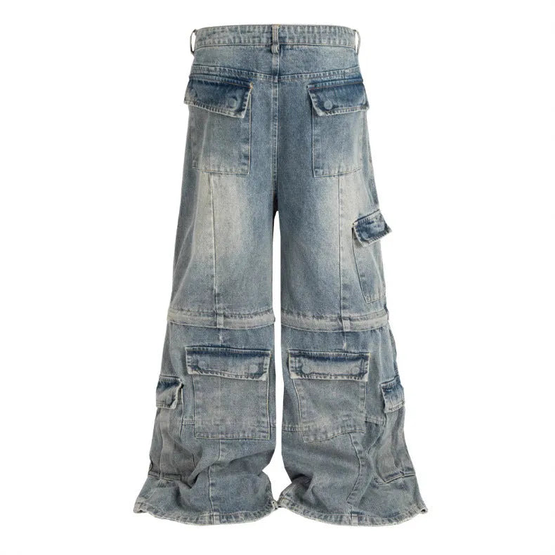 Detachable cotton overalls with multiple pockets in worn looking black or blue denim