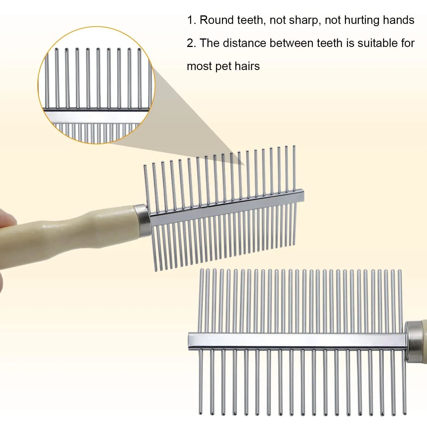 Wooden handle pet grooming comb with rounded teeth for dogs and cats