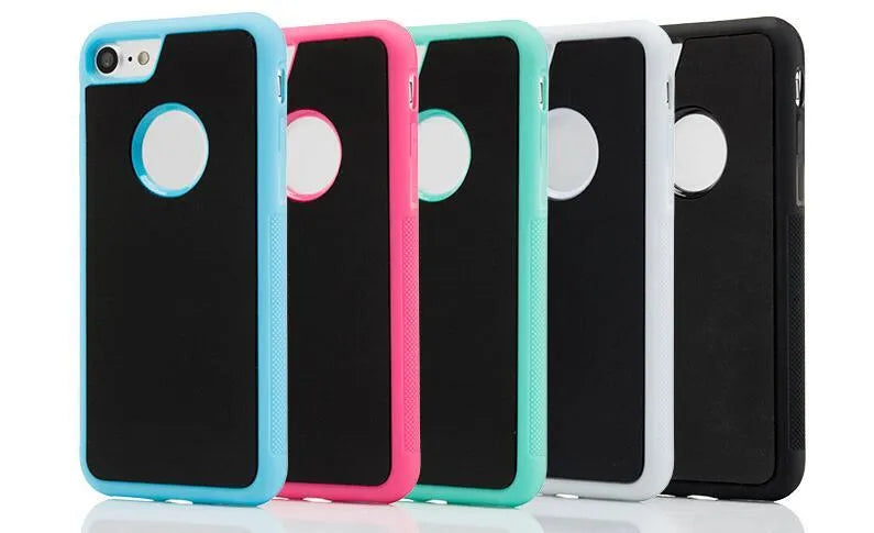 Anti Gravity Phone Case in black with self-adhesive back shown stuck to a glass surface