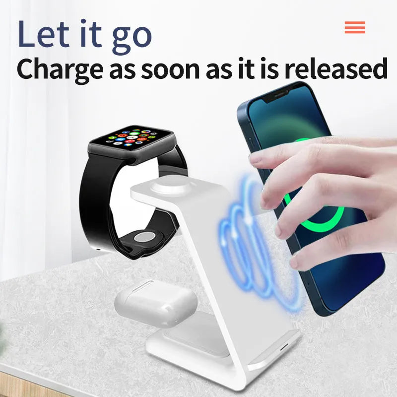 White upright wireless phone charger stand with dual coil technology and Type-C cable