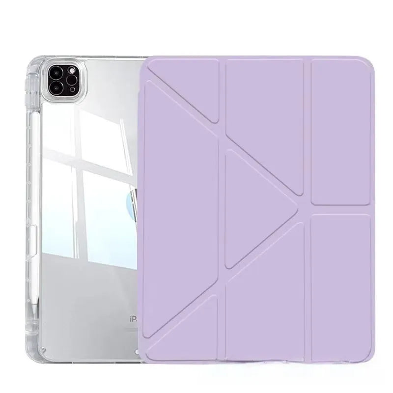 Transparent acrylic iPad case with a folding magnetic stand, shown in multiple colour options.