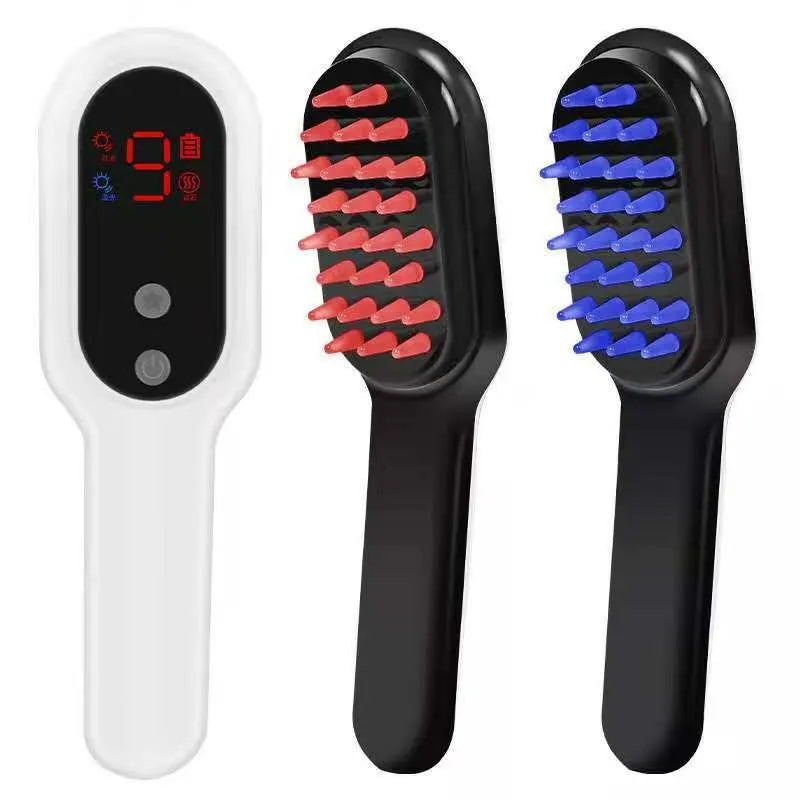 White electric head massager comb with red and blue lights and LED display on scalp