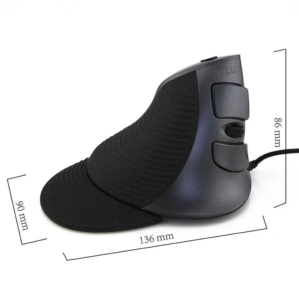 Ergonomic vertical optical wired mouse in black colour positioned for right-handed use on desktop