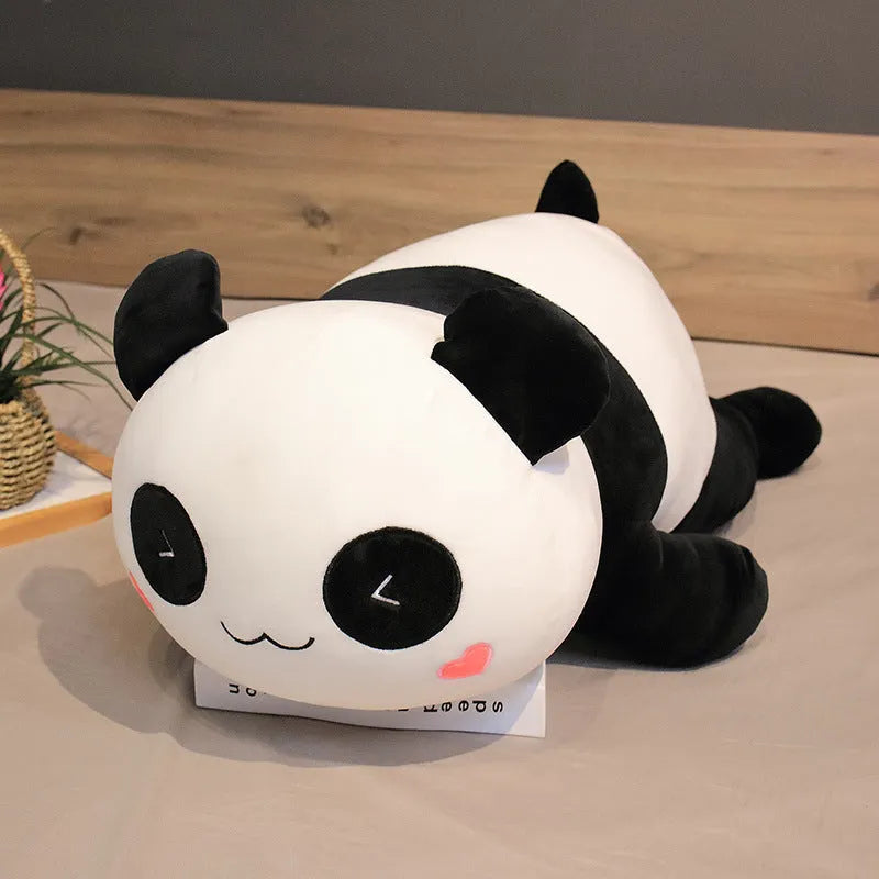 Large lying panda pillow in stretch soft velvet with down cotton filling, 85cm size, Triangle-Eye Smile design
