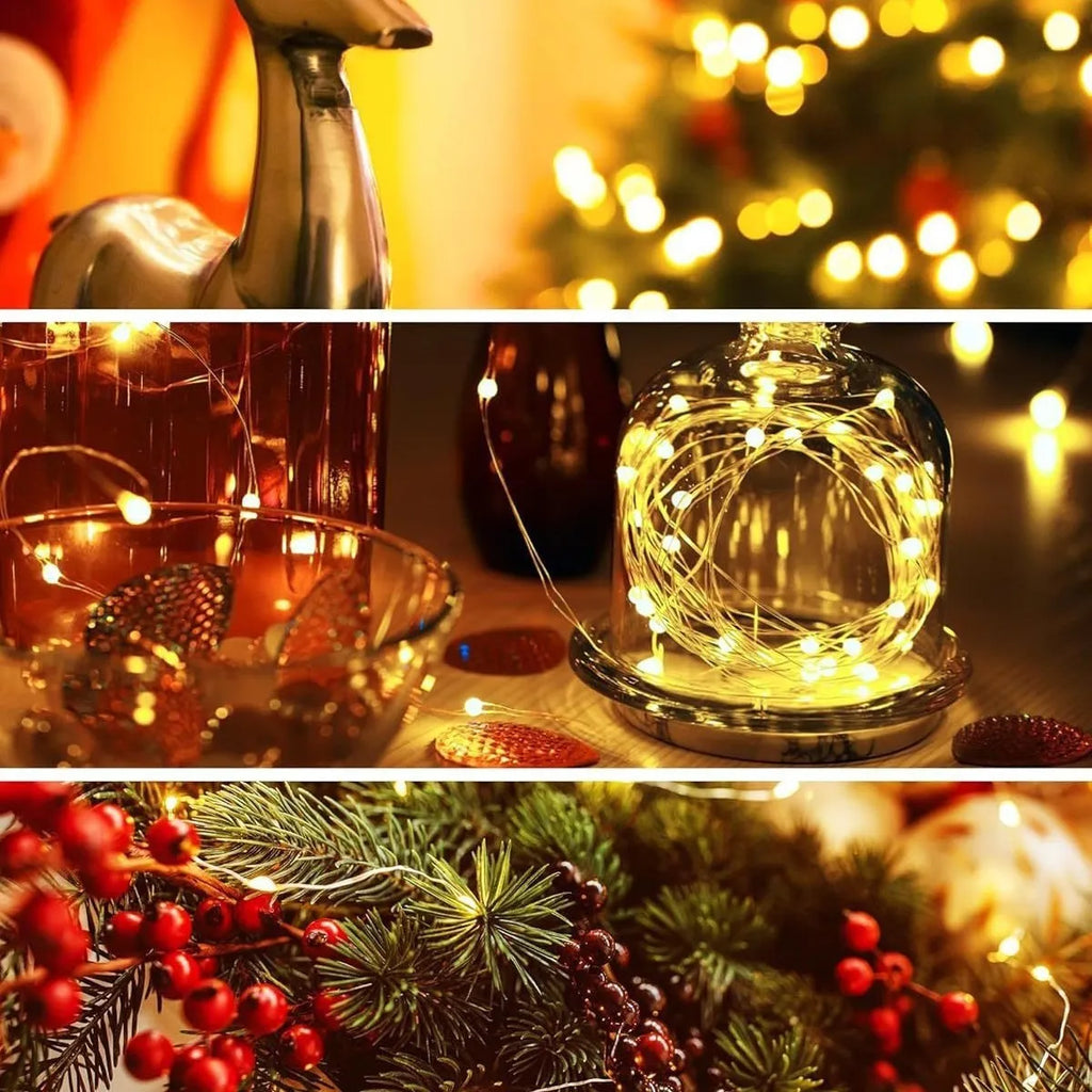 LED waterproof firefly string lights with warm white bulbs in 1m length on a dark background