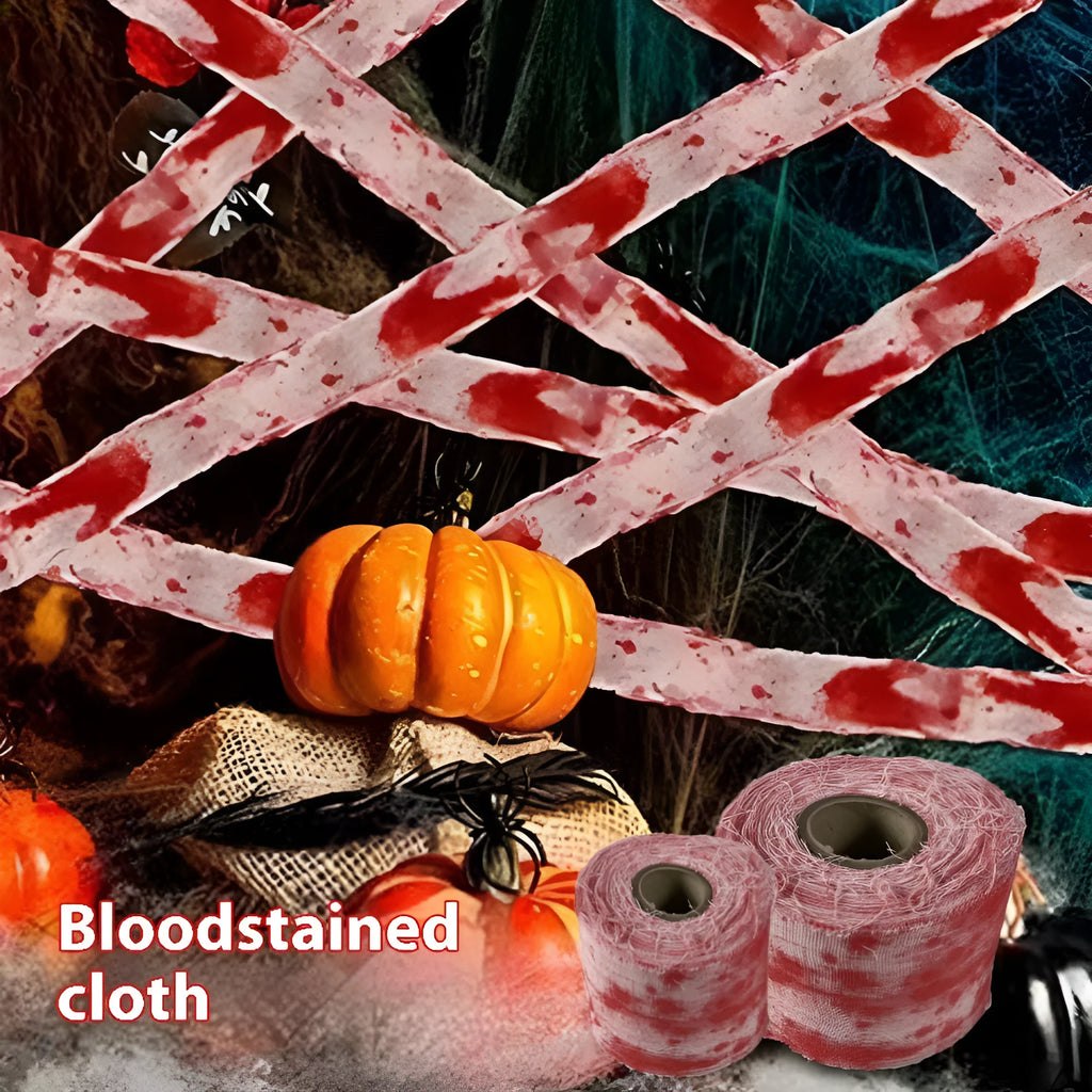A roll of Halloween horror bandage with a bloody red dye or white colour, shown with a width of 8cm.