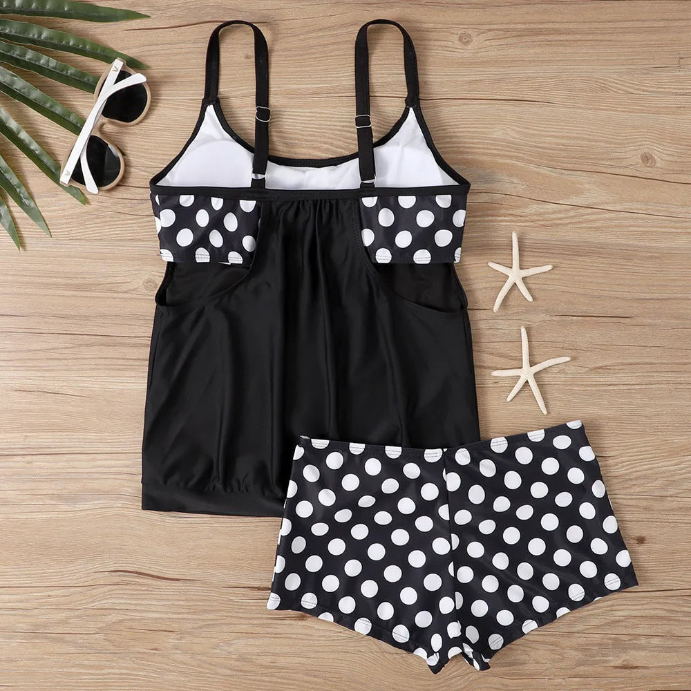 Women's polka dot print high-waisted boxer swimsuit briefs for swimming and running.