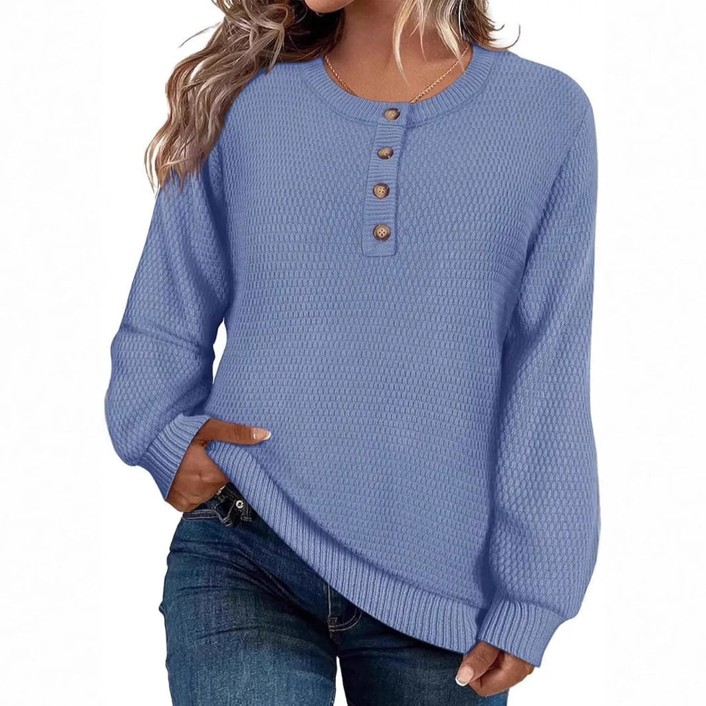 Solid colour buttons long sleeve round neck pullover sweater top in apricot, loose fit viscose blend