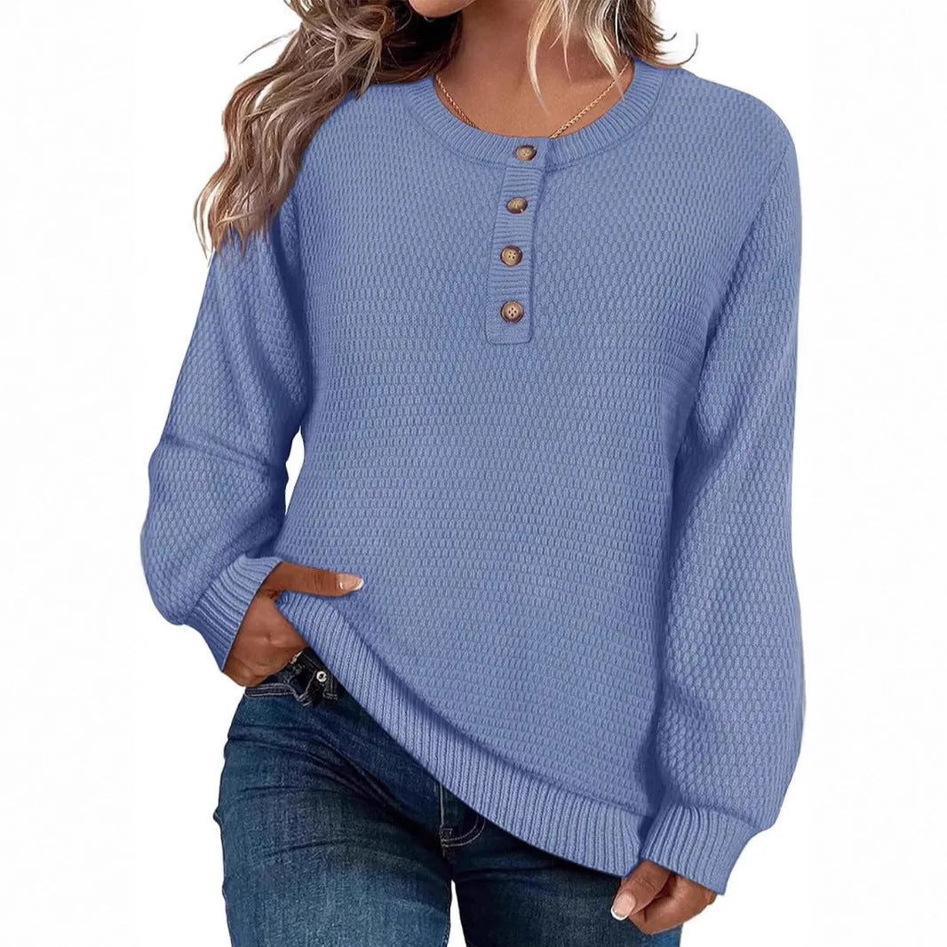 Solid colour buttons long sleeve round neck pullover sweater top in apricot, loose fit viscose blend