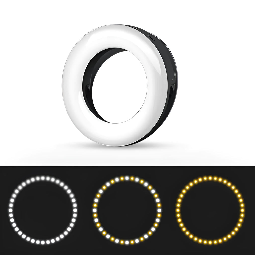 Compact black selfie ring light for mobile phone with USB cable for charging.