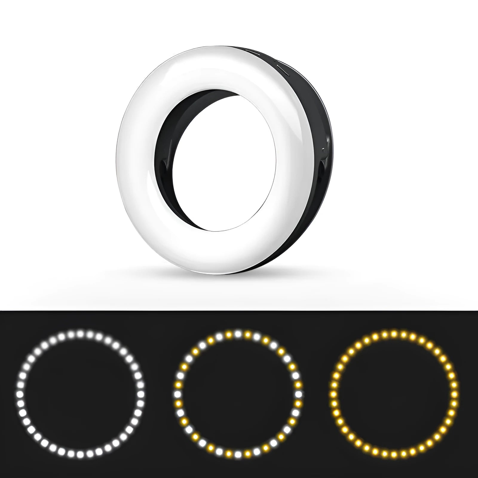 Compact black selfie ring light for mobile phone with USB cable for charging.