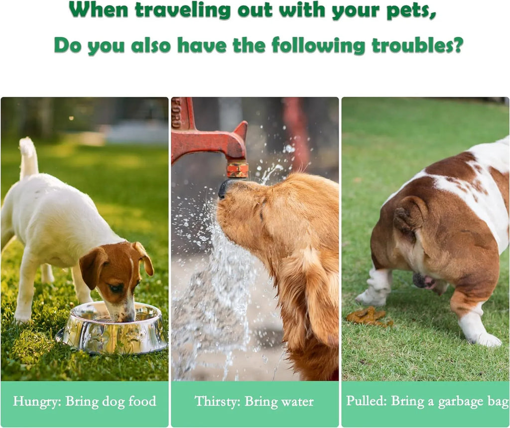 Green 3-in-1 portable pet water bottle with food container and waste bag dispenser for dogs and cats