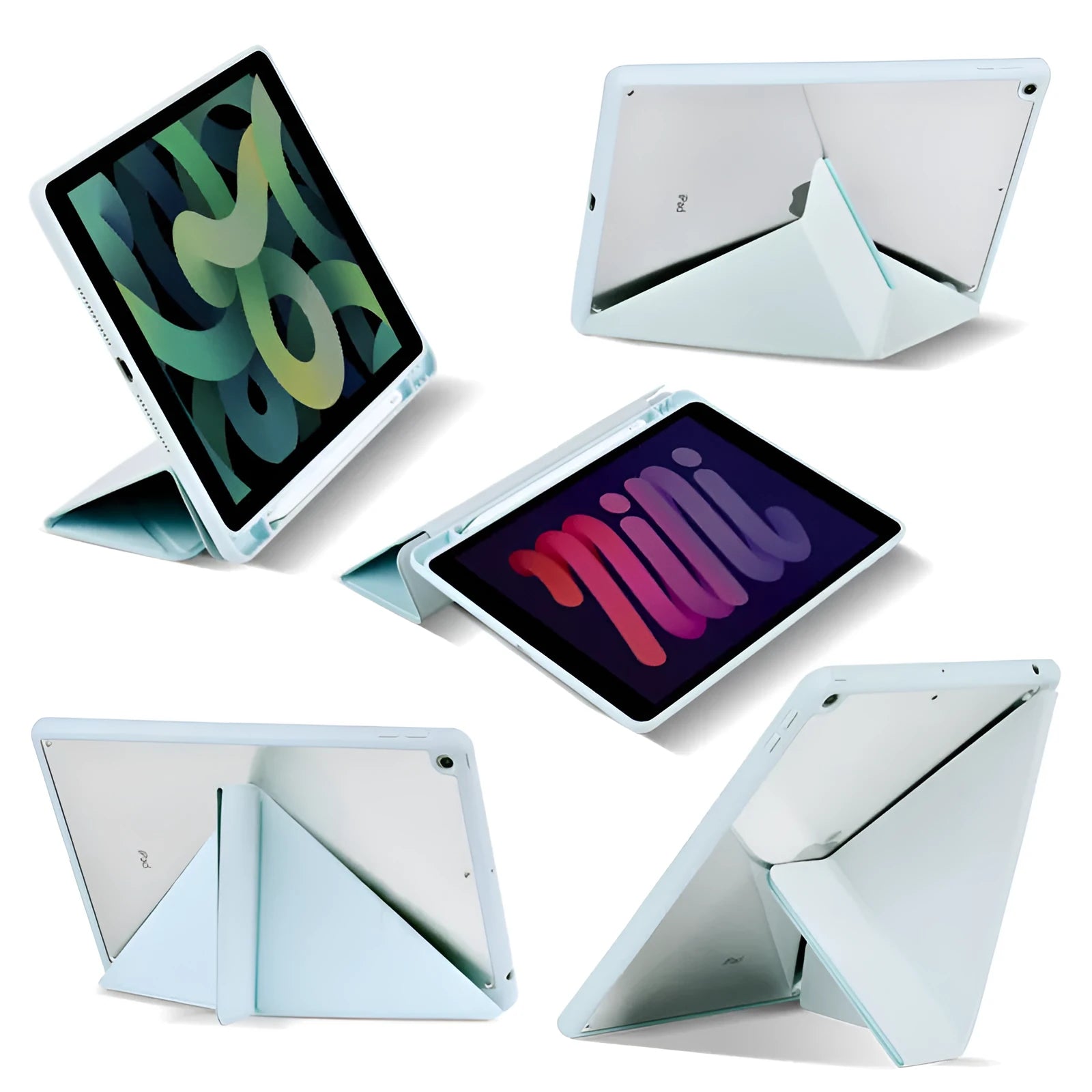 Slim imitation leather iPad case in dark grey with Y-fold bracket open and Apple Pencil in built-in slot.