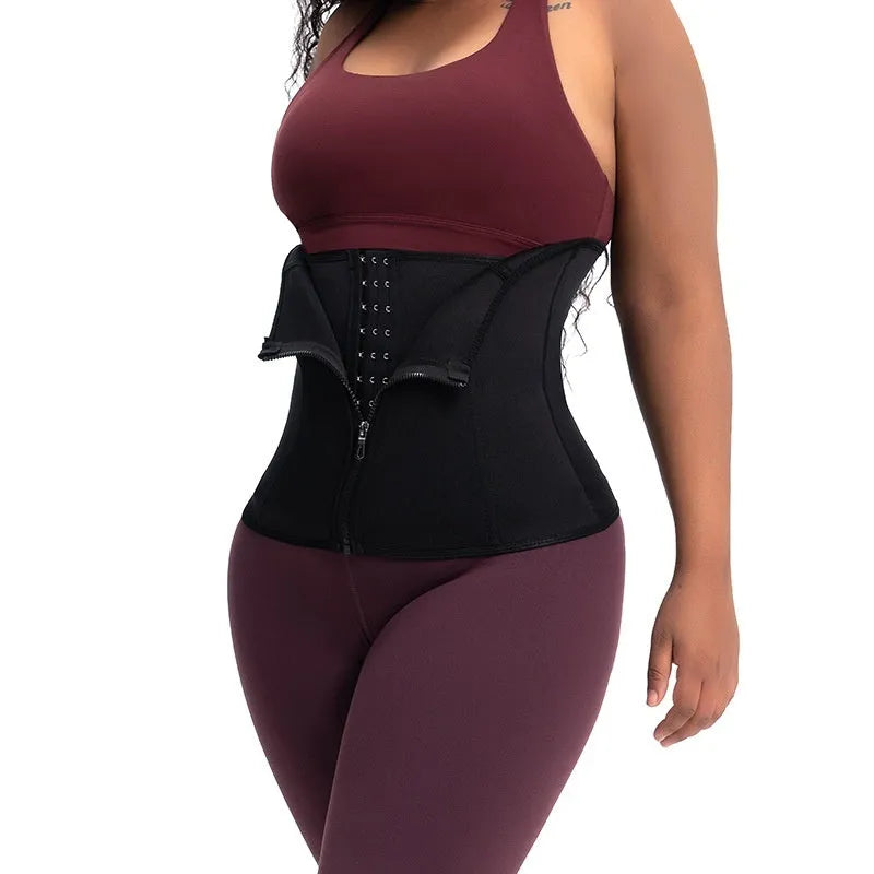 Neoprene waist trainer corset in black with adjustable closure for tummy control during yoga and running