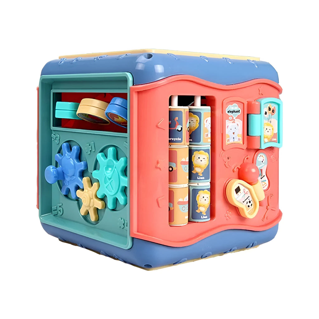 Baby Montessori hexahedron educational toy showing six sides with different learning activities