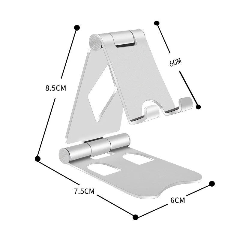 Aluminium alloy folding mobile desktop stand in metallic finish on a desk