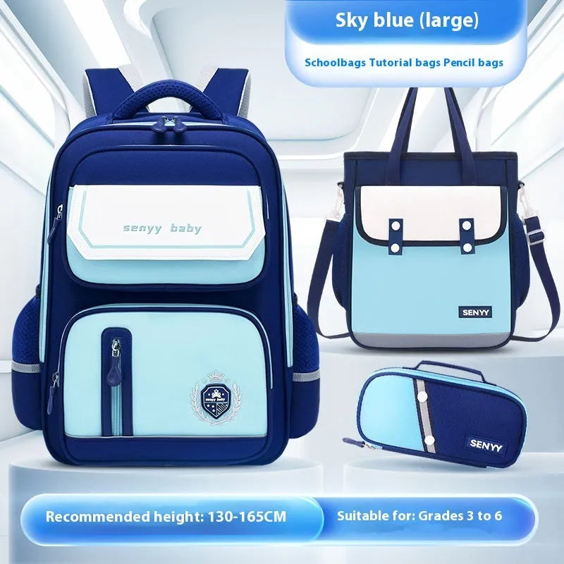 Children's spine protector backpack in blue, made of water-repellent Oxford cloth, size 38x30x15cm