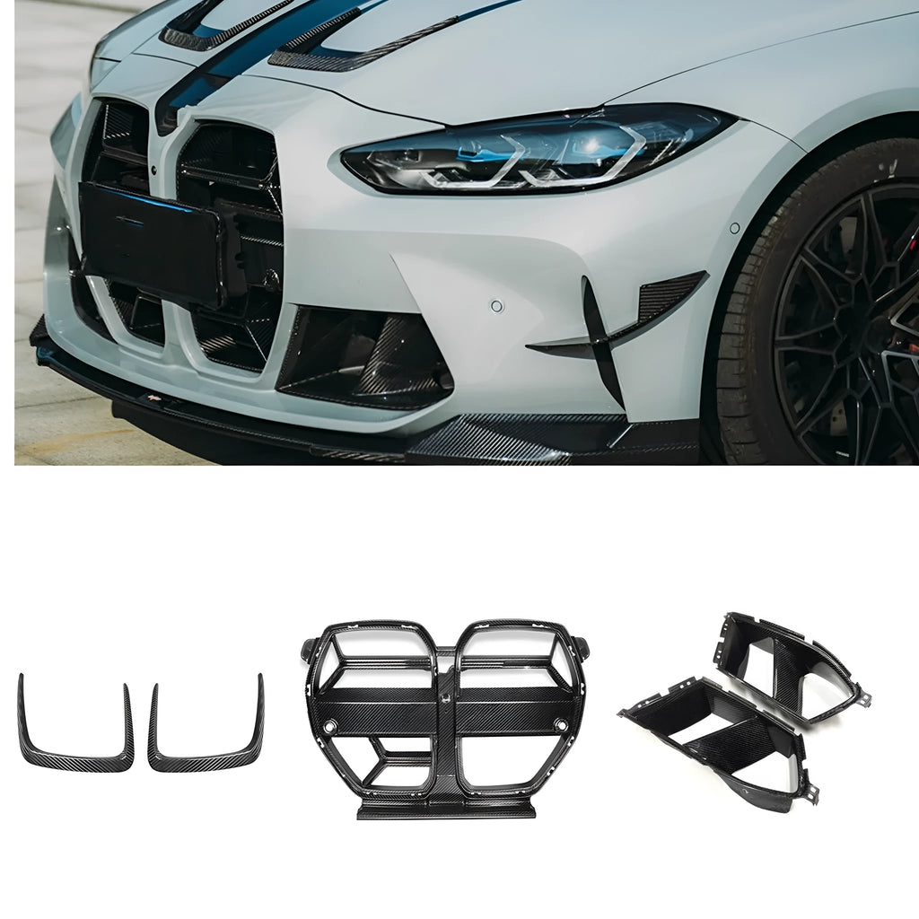 Genuine dry carbon fibre front bumper grille for BMW M3 and M4 models with visible 3K weave pattern