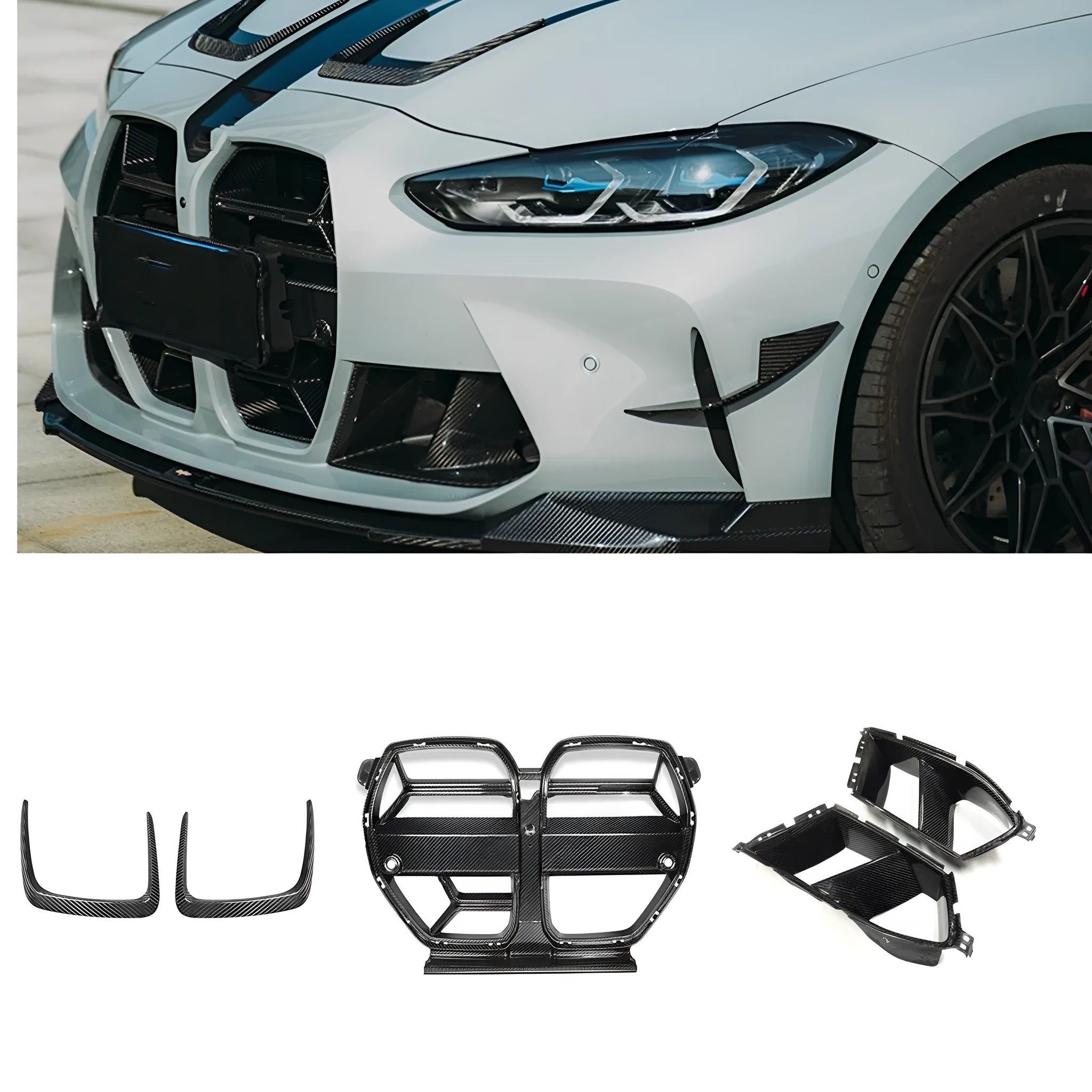 Genuine dry carbon fibre front bumper grille for BMW M3 and M4 models with visible 3K weave pattern