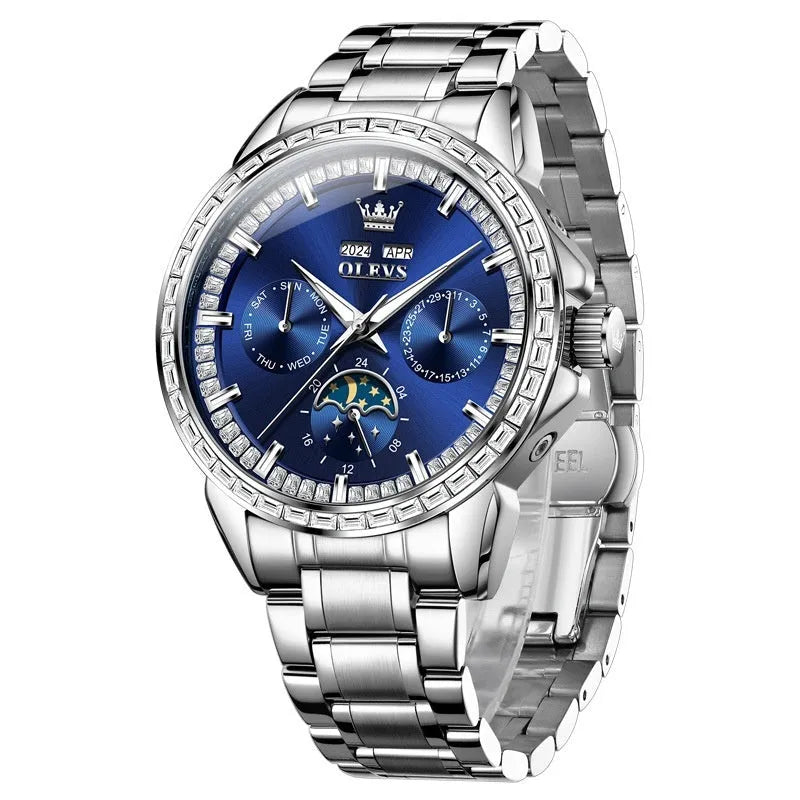 Men's automatic mechanical watch with stainless steel bracelet and transparent case back showing movement