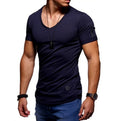 Men's V-neck short-sleeved cotton blend slim-fit youth shirt in military green colour with button front