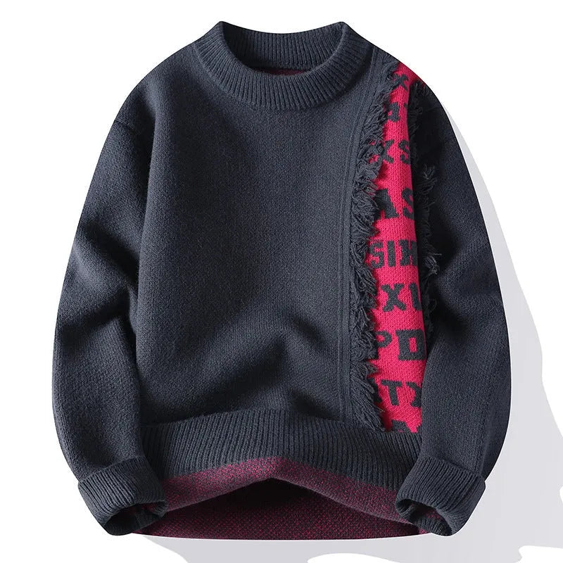 Men's loose fit grey knitted pullover with long sleeves and a ribbed hemline.